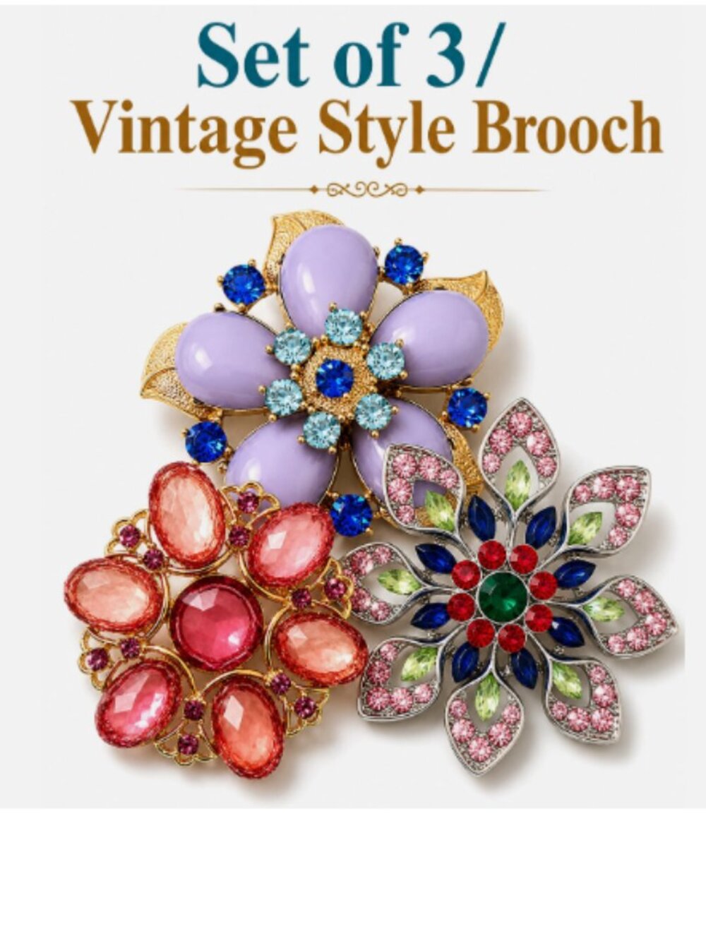 (Set of 3) Pink Vintage Style Elegant Flower Floral Brooch Pendant Charm Pin